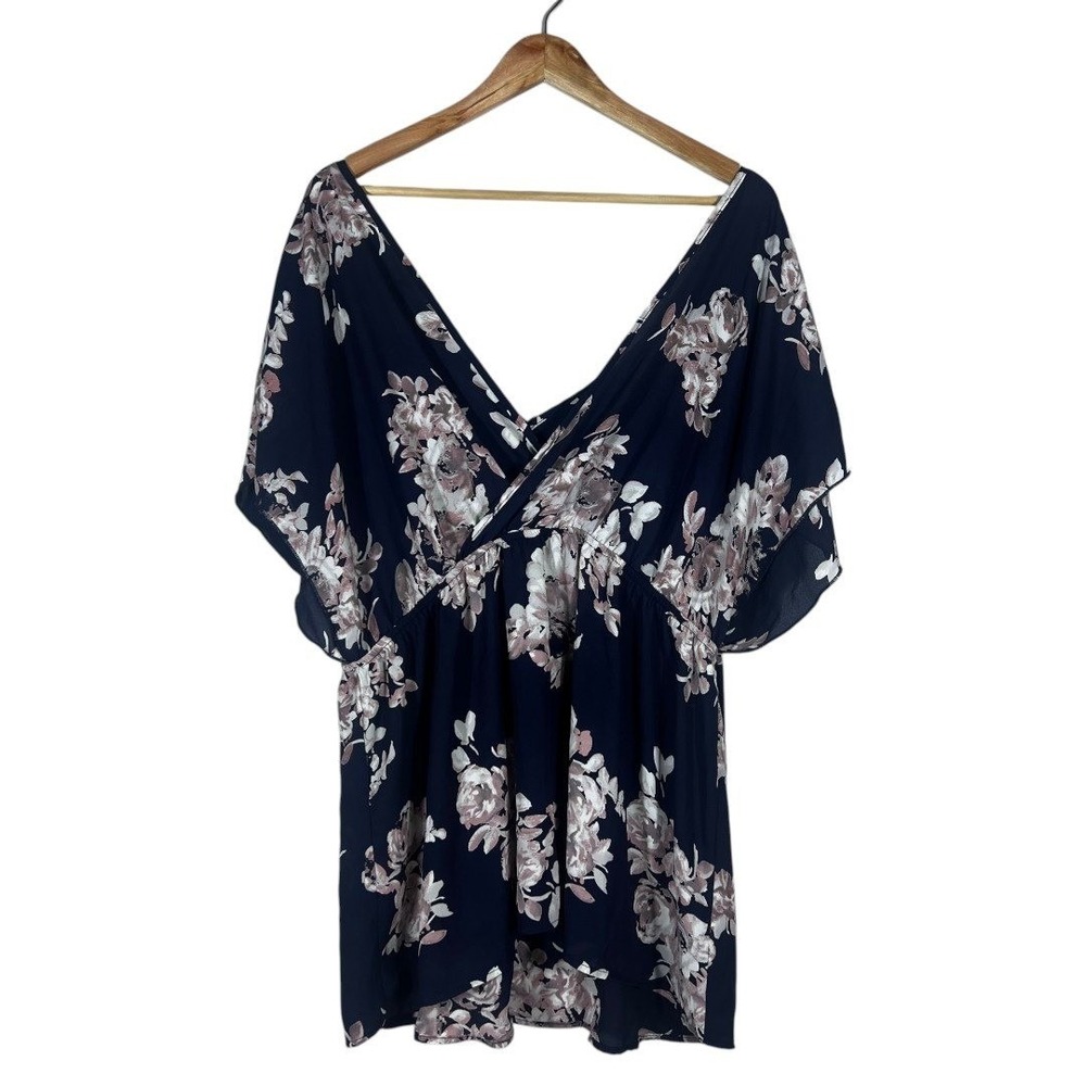 Torrid Surplice Floral Chiffon Kimono Sleeve Blouse Navy Blue Boho Size 1
